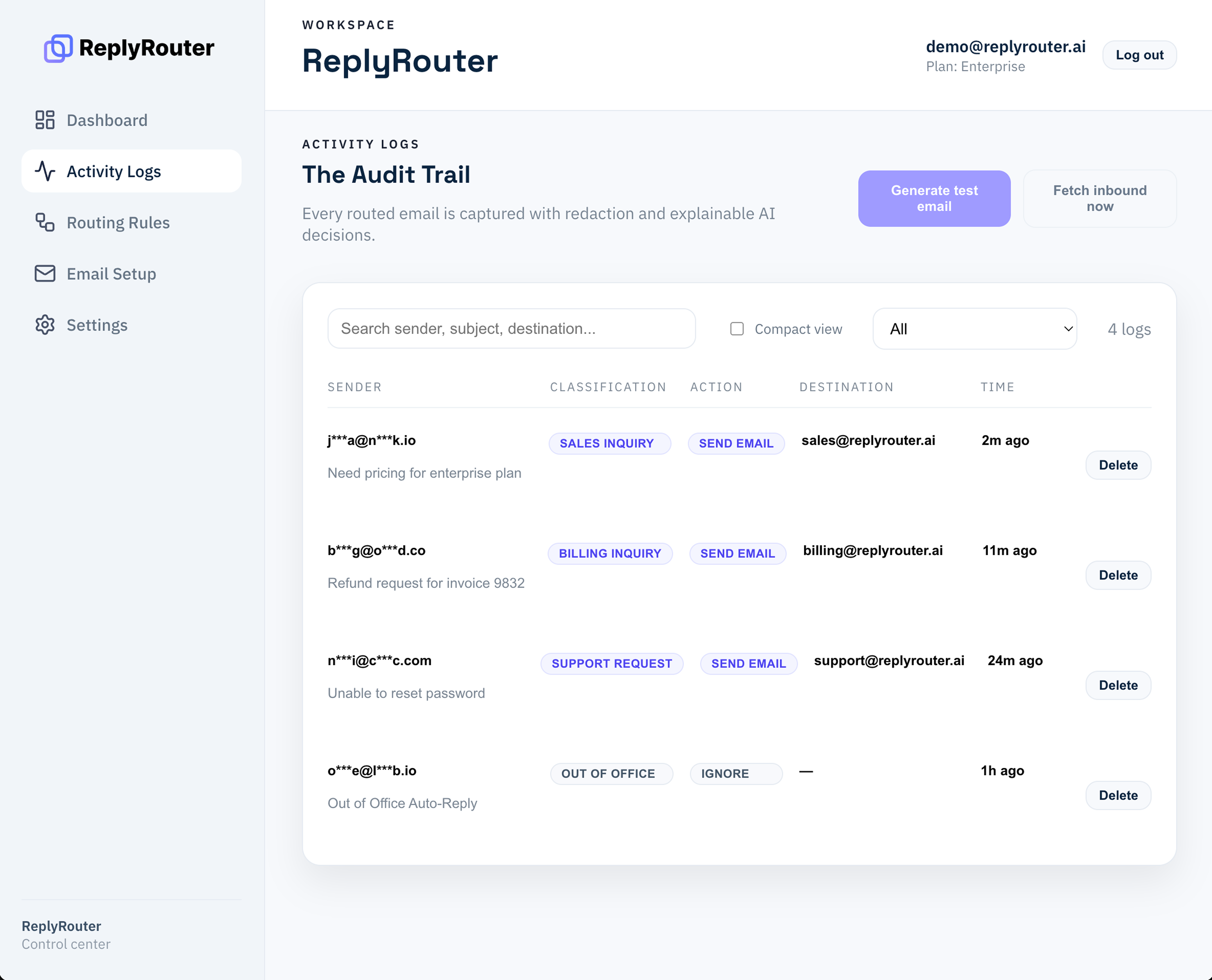 ReplyRouter activity logs